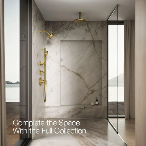 Purist Single Function Shower Head 1.75 GPM Vibrant Brushed Moderne Brass Finish in elegant modern bathroom