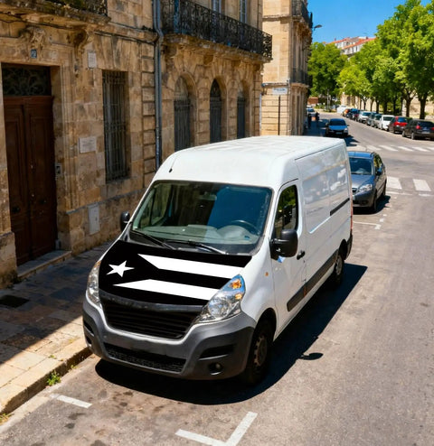 White van with Puerto Rico Black And White Flag Car Hood Cover 4 By 5.25 Feet Ultra Stretchy Polyester Spandex Universal Fit.