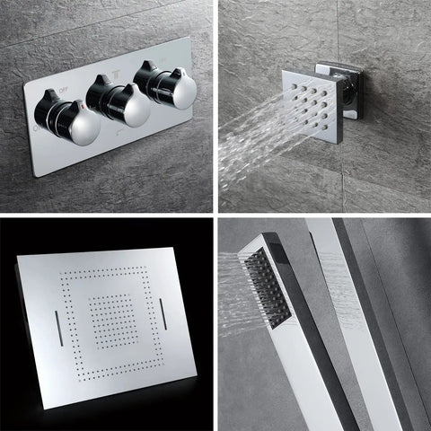 Next Level RGB LED Shower System With 80X60 Cm Rain Head And Flexible Handheld Wand, Concealed Four Way Diverter Faucet Set, Chrome Rock Solid Brass Combo With BodyJets And Tub Spout For A Smooth Spa Upgrade, showing sleek faucet controls and modern shower head.