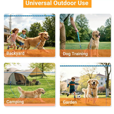 Glow In The Dark Reflective Dog Run Cable 75 Foot Rugged Heavy Duty Zipline For Yard And Camping With Ten Foot Tie Out And Shock Spring Up To Two Hundred Pounds in backyard, dog training, camping, and garden settings.