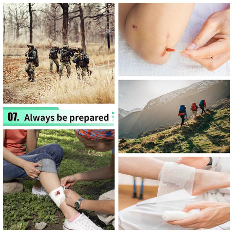 Amazon 171PCS survival first aid kit in outdoor scenes: hikers with backpacks, leg wound care, and ankle bandage.