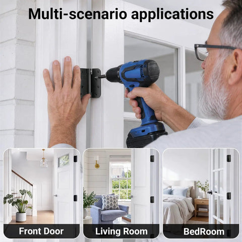 3 Pack Self Closing Door Hinges 4 Inch Matte Black With Adjustable Tension Auto Close Spring Loaded Hardware installation on a door.
