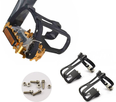 Toe Clip Straps For Bike Pedals, Universal Fit Cycling Toe Cages shown with installation hardware and detailed view.