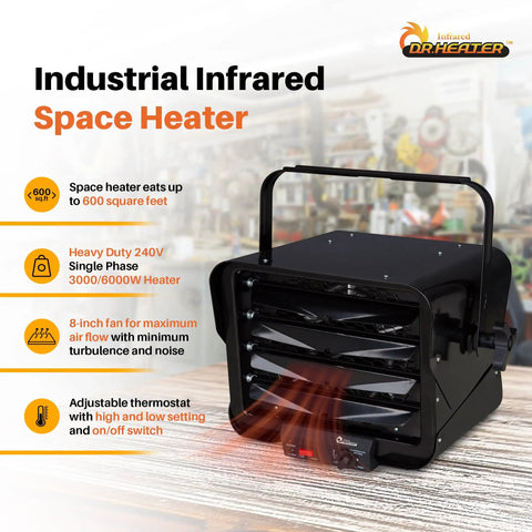 Industrial space heater with handle, 3000/6000W power, 8-inch fan, text overlay reads 'Rugged Heavy Duty 240 Volt Hardwired Commercial Shop And Garage Heater Cranking 3000 To 6000 Watts To Blast Serious Heat Into Your Workspace Fast'