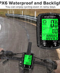 Bike Computer Odometer With Wired Speed Sensor MPH And KMH Readouts Auto Wake Up LCD shown in rain, mounted on handlebars