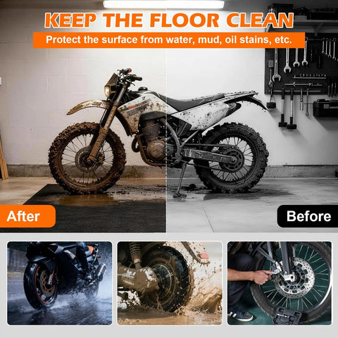 Oil Spill Mat For Driveway And Garage Floor 36x60 Heavy Duty Protector With Anti Leak Backing under motorcycle showing clean side effect