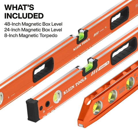 Knockout 3 Piece Level Set With 8 Inch Torpedo And 24 48 Inch Box Levels Featuring Rare Earth Magnets Strong Grip Aluminum Frame High Vis Vials V Groove Design For Serious Diy And Tradesman Jobs