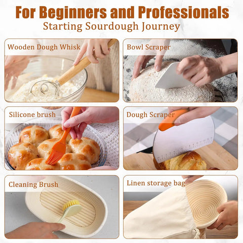 All In One Sourdough Starter Kit With Banneton Baskets And Glass Jar For Home Bakers displayed with baking tools and accessories