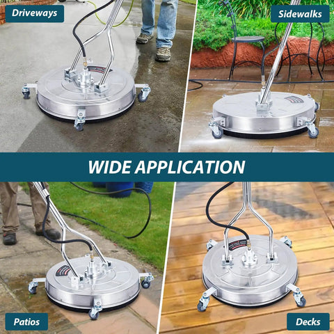 Heavy Duty Twenty Four Inch Pressure Washer Surface Cleaner For Driveways Features Pro Grade Stainless Steel Dual Spin Nozzles Rated To Handle Four Thousand Psi With Sturdy Grips And Smooth Wheels for cleaning driveways, patios, sidewalks, and decks.