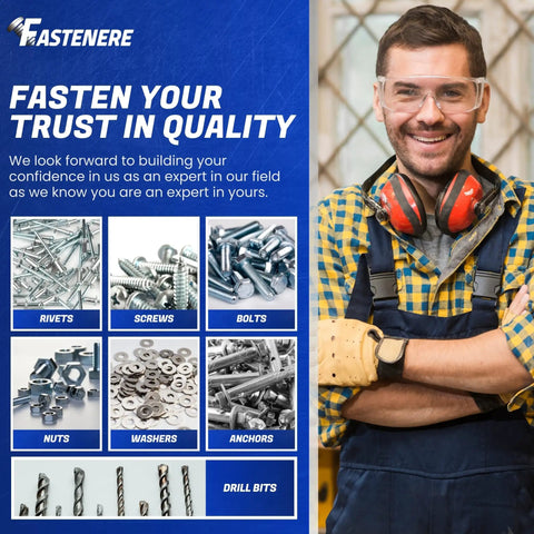 Man in workshop gear with Fastenere product display of rivets, screws, bolts, and more for quality fastening solutions.