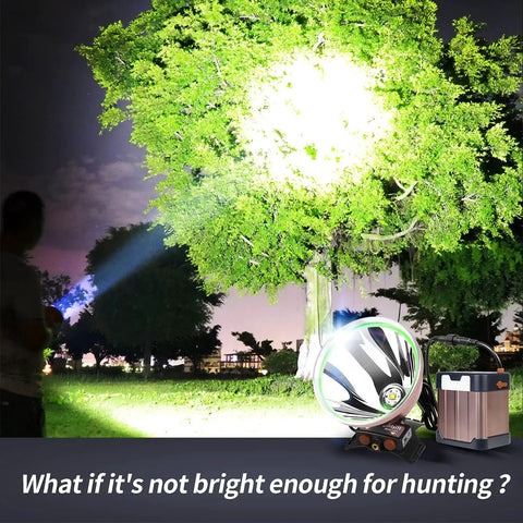 Coon Hunting Lights High Power LED Headlamp with 22000mAh Rechargeable Battery illuminating a tree at night