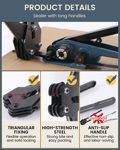 Heavy Duty Pet Strapping Kit With 1000 Foot Rolls And Tough Hand Tensioner details close-up of sealer showing long handles and steel mechanism.