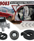 Drive Belt Tensioner And Serpentine Belt Kit With Idler Pulley For Silverado Tahoe Avalanche Yukon Sierra Hummer H2 H3 2009 2013 V8 Engines 4.8L 5.3L 6.0L 6.2L Beefy Replacement Easy Install showing components and vehicle