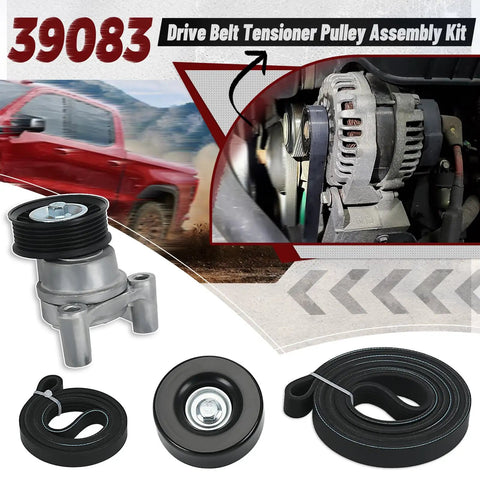 Drive Belt Tensioner And Serpentine Belt Kit With Idler Pulley For Silverado Tahoe Avalanche Yukon Sierra Hummer H2 H3 2009 2013 V8 Engines 4.8L 5.3L 6.0L 6.2L Beefy Replacement Easy Install showing components and vehicle