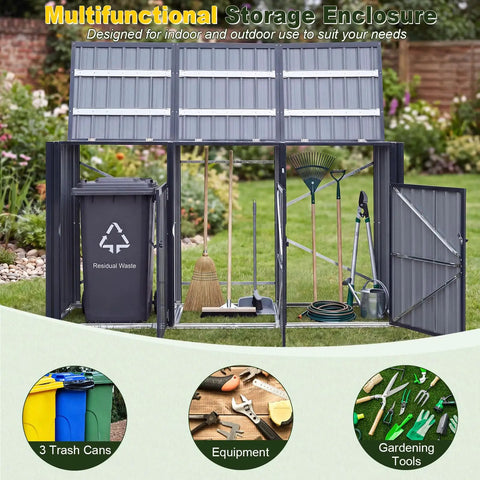 Heavy Duty Outdoor Trash Can Storage Shed For Three Bins With Flip Up Lids And Lockable Doors Galvanized Steel Utility Enclosure in garden