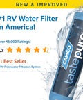 TastePure RV Water Filter Inline System With Flexible Hose Protector Six Step Filtration GAC And KDF packaging with ratings
