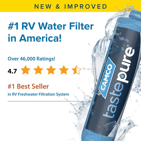 TastePure RV Water Filter Inline System With Flexible Hose Protector Six Step Filtration GAC And KDF packaging with ratings