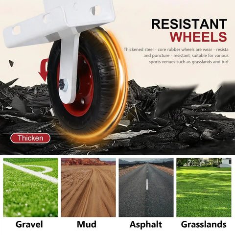 Close-up of a puncture proof tire from the Smooth Rolling No Sweat Soccer Goal Dolly, suitable for various terrains.