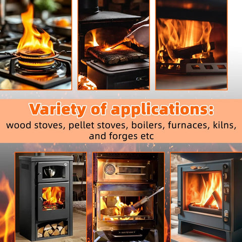 High Temperature Gasket Paper collage of stoves and furnaces: wood stove, pellet stove, boiler, furnace, kiln, forge