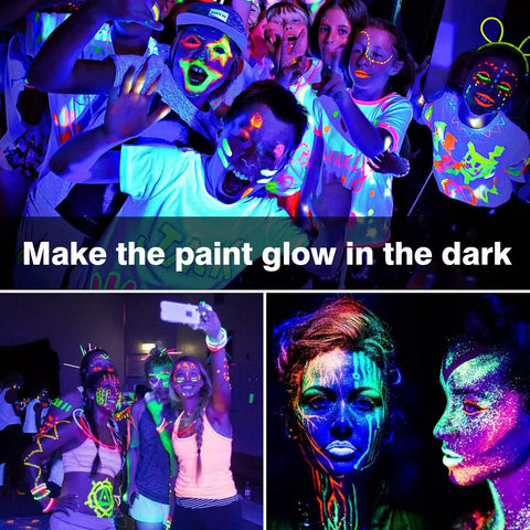 Party-goers with neon body paint under 2 Pack A19 LED Black Light Bulbs 9W 100W Equivalent, E26 Base Dimmable Black Lights UVA 385 400Nm