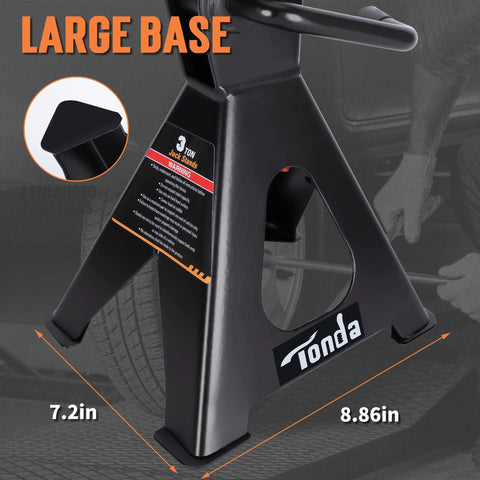 TONDA 3-ton jack stands, black steel, extra-tall with large base; side view with brand logo