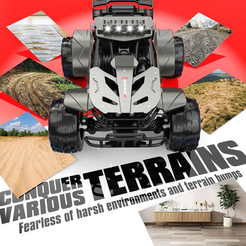 Front view of Monster RC Truck With 2.4 GHz Remote Control featuring metal shell and rugged tires on varied terrains.
