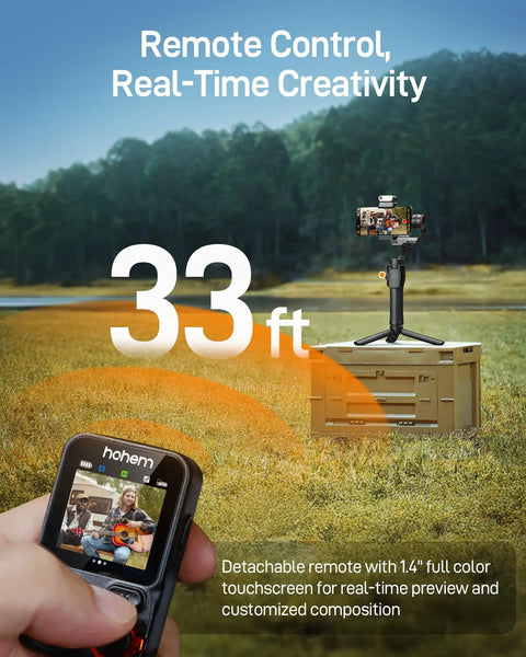 Phone Gimbal Stabilizer With AI Tracking And Detachable One Point Four Inch Touchscreen Remote in outdoor setting