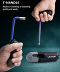 Hand holding Rainbow Hex Key Set With Ball End And Torx 37-Piece Foldable Allen Wrenches with color coded handle.