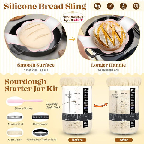 Pink Sourdough Bread Making Kit with silicone bread sling and starter jar kit with measurements and spatula for home bakers.