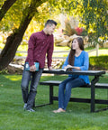 Outdoor Convertible Bench To Table In Seconds 55 Inch Harbor Gray Weather Resistant Polystyrene Slats in garden setting