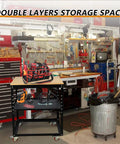 Badass Heavy Duty Rolling Planer Stand With Solid Steel Frame And Five Hundred Pound Lifting Capacity For Smooth Caster Movement And Flexible Power Tool Organization In Every Workshop in a workshop setting with tools.