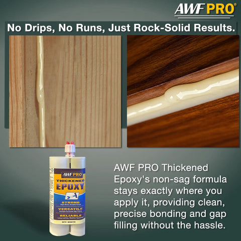Heavy Duty Thickened Non Sag Wood Repair Epoxy Adhesive For Rot Repair Structural Bonding Filling And Sealing Wood Fiberglass And Concrete Marine Grade Gel Formula 450mL Pack shown with application on wood surface.