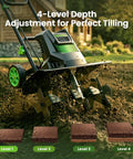 Powerful 1800W Corded Garden Tiller Cultivator with 18-Inch Wide Till, 9-Inch Depth, showing 4-level depth adjustment in action.