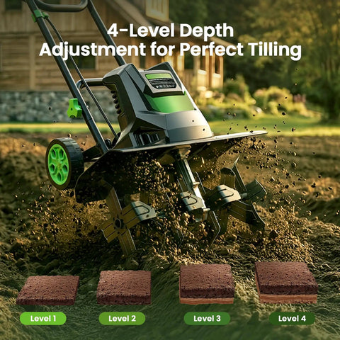Powerful 1800W Corded Garden Tiller Cultivator with 18-Inch Wide Till, 9-Inch Depth, showing 4-level depth adjustment in action.