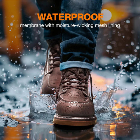Front view of Six Inch Waterproof Moc Toe Steel Toe Work Boots for Men splashing in water, showcasing waterproof full-grain leather.