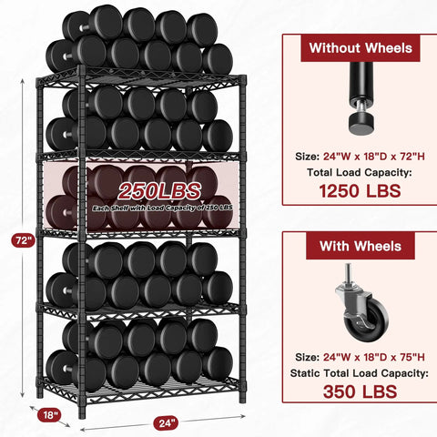 Wire Storage Rack On Wheels, Five Tier Metal Shelving For Kitchen Or Garage, 24 Inch Wide By 18 Inch Deep By 75 Inch High, NSF Approved Durable Steel Frame With Easy Roll Mobility, Perfect For Food, Spices, Utensils, And Daily Essentials.