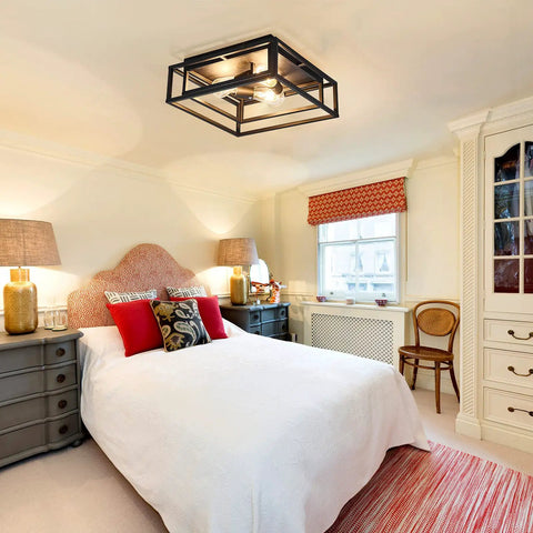 Bedroom with Black 3 Light Flush Mount Ceiling Fixture With Industrial Metal Style Close To Ceiling Farmhouse Lighting