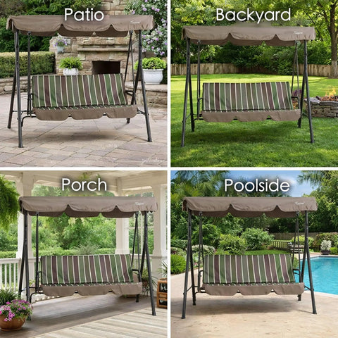 Three Seat Outdoor Patio Swing With Adjustable Canopy Heavy Duty Steel Frame Weather Resistant Build Removable Cushions Lime Stripe