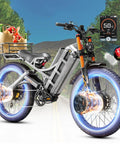 Romeo Pro Tri Electric Bike For Adults, 6000W Dual Motor Ebike, gray with basket, cruising on a scenic road.