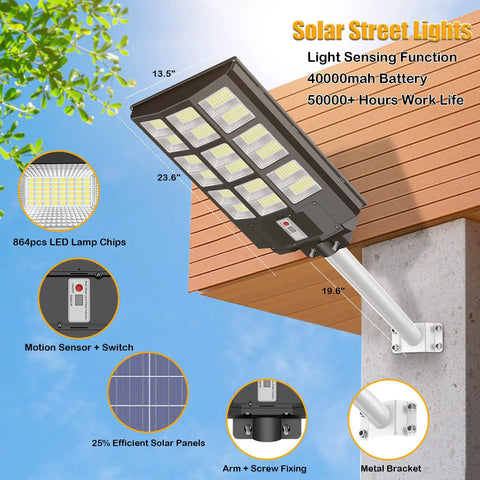 Beast Bright 3200W Solar Street Light With Dusk To Dawn And Motion Sensor mounted on a pole, showing LED panels and battery details.