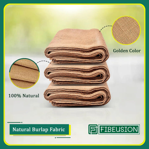 Stack of natural burlap fabric rolls, 40 in x 15 ft, showing golden color and texture, labeled '100% Natural' and 'Golden Color'.