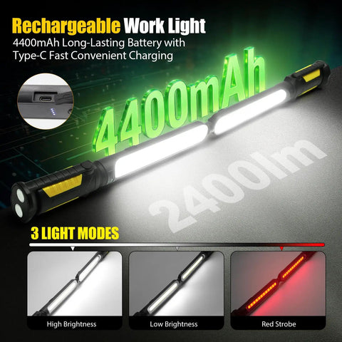 Magnetic LED Work Light for Mechanics With 2400LM Brightness, 4400mAh Rechargeable Battery, Twin-Unit Link, 3 Light Modes