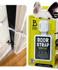 Adjustable Cat Door Latch For Interior Doors Grey Straight Up Dog Proof Heavy Duty Pet Safety Strap on a door.