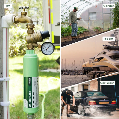 2 Pack Inline RV Water Filters Hey Folks These Rad Carbon Filters For Trailers And Rigs Will Banish Chlorine And Gunk From Your Tap Certified Nsf Ansi 42 seen with water filter connected to RV hose