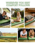 Different uses of Cloudlike Memory Foam Camping Sleeping Pad With Pillow in tent, yard, indoor, recliner, and car settings.