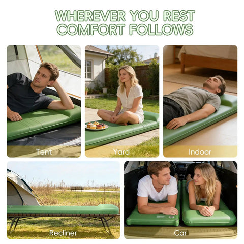 Different uses of Cloudlike Memory Foam Camping Sleeping Pad With Pillow in tent, yard, indoor, recliner, and car settings.