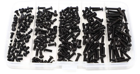 Premium M3 Assorted Hex Socket Button Head Cap Screws Bolt Assortment Kit Alloy Steel 10.9 Grade in a clear organizer with compartments.