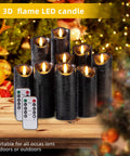 Set Of 9 Black Textured Flameless LED Real Wax Pillar Candles With Remote Control And Timer for festive home decor