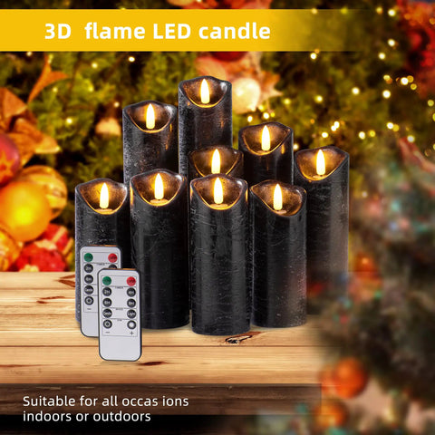 Set Of 9 Black Textured Flameless LED Real Wax Pillar Candles With Remote Control And Timer for festive home decor