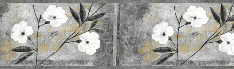 Peel And Stick Floral Wallpaper Border With Abstract Retro Flowers, Self Adhesive Wall Border In White Gray Brown Black
